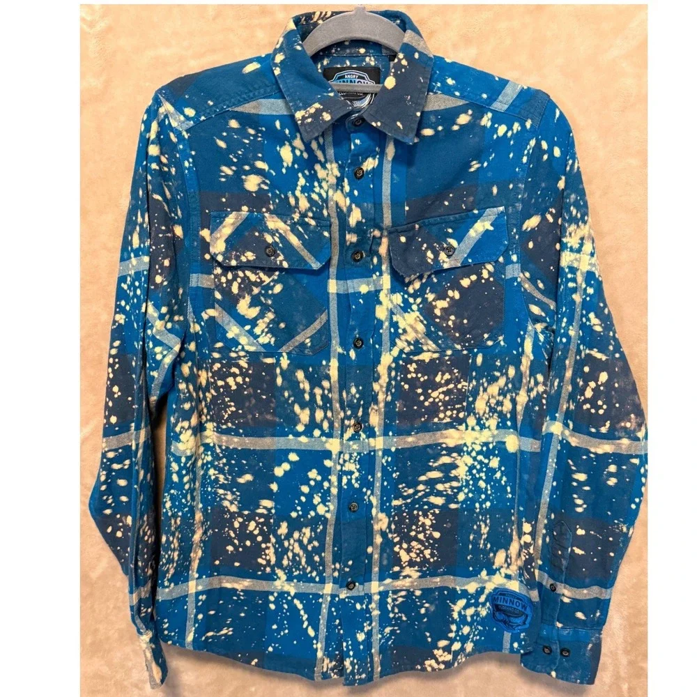 Angry Minnow Clothing Co Bleached Plaid Flannel Shirt Women's Graphic Pin Up - Picture 3 of 7